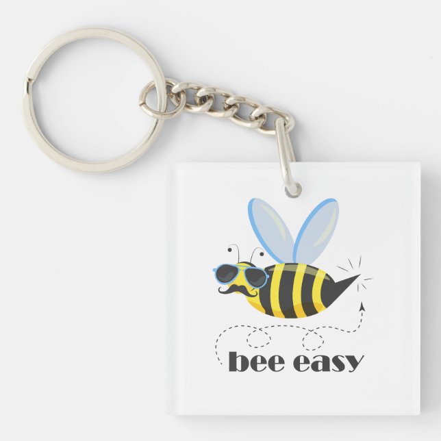 Bee character with mustache sunglasses Bee Easy Keychain (Front)
