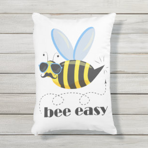 Bee character with mustache sunglasses Bee Easy Outdoor Pillow