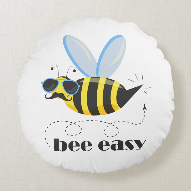 Bee character with mustache sunglasses Bee Easy Round Pillow (Front)