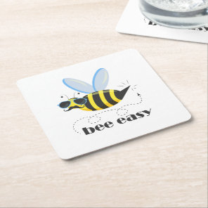 Bee character with mustache sunglasses Bee Easy Square Paper Coaster