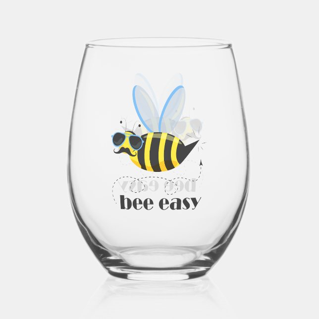 Bee character with mustache sunglasses Bee Easy Stemless Wine Glass (Front)