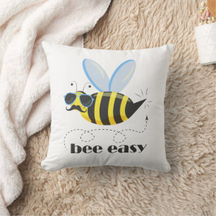 Bee character with mustache sunglasses Bee Easy Throw Pillow