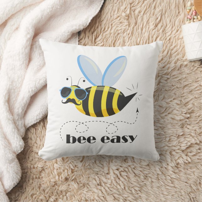 Bee character with mustache sunglasses Bee Easy Throw Pillow (Blanket)
