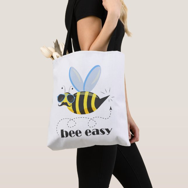 Bee character with mustache sunglasses Bee Easy Tote Bag (Close Up)
