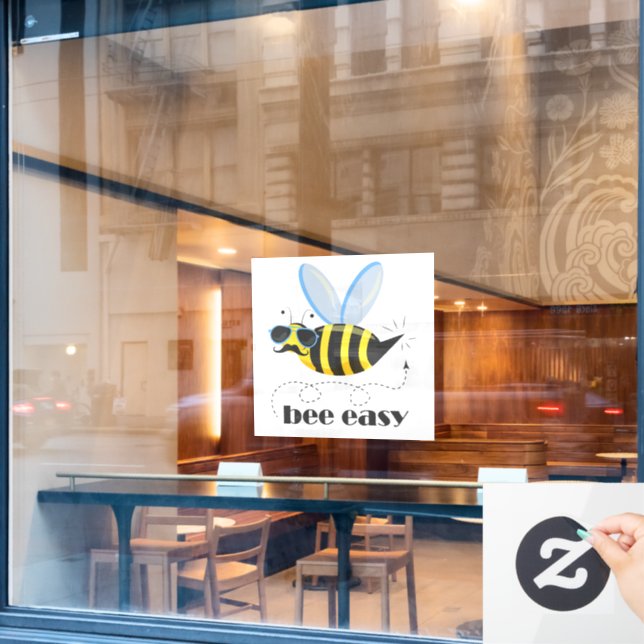 Bee character with mustache sunglasses Bee Easy Window Cling (Cafe Window)