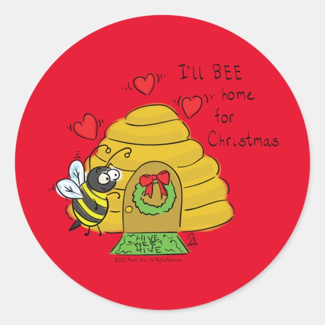 Bee Christmas Cartoon Classic Round Sticker (Front)