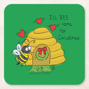 Bee Christmas Cartoon Square Paper Coaster