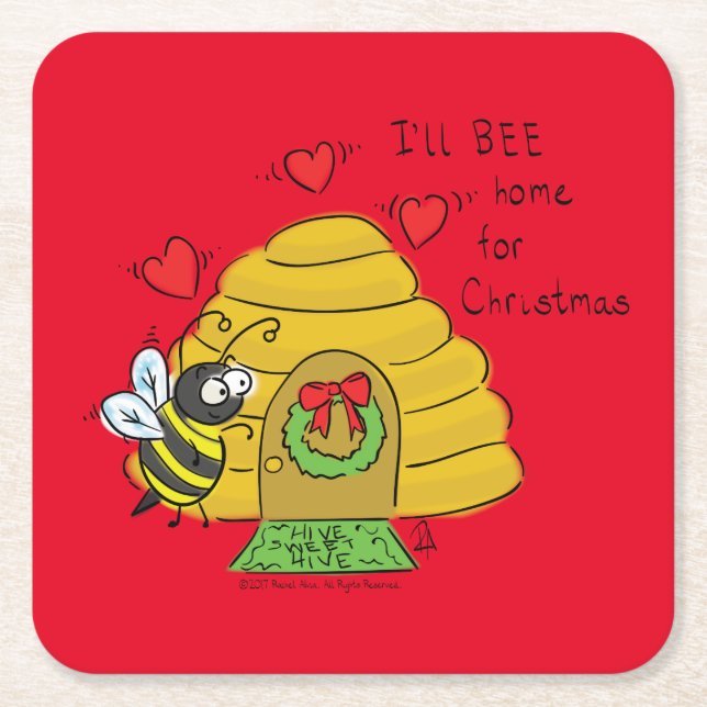 Bee Christmas Cartoon Square Paper Coaster (Front)