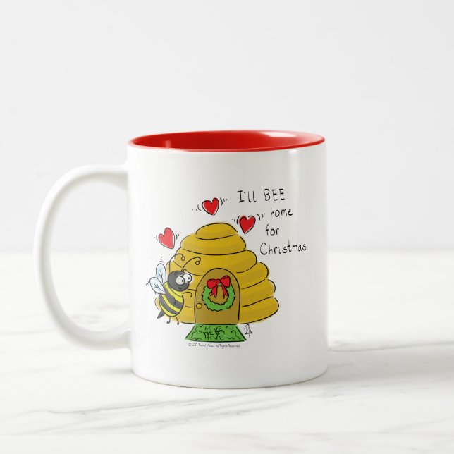 Bee Christmas Cartoon Two-Tone Coffee Mug (Left)