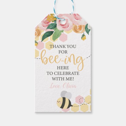 Bee Day 1st Birthday floral pink thank you favor Gift Tags
