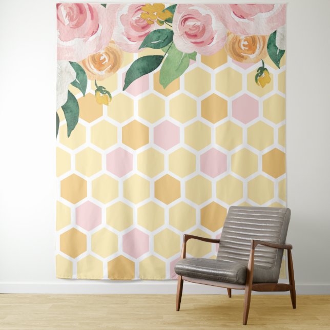 Bee Day Bumblebee 1st Birthday pink floral banner  Tapestry (In Situ)