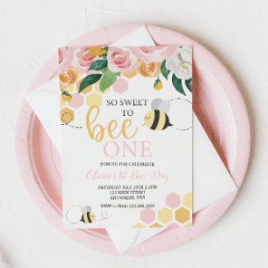 Bee Day bumblebee 1st Birthday pink floral Invitat Invitation