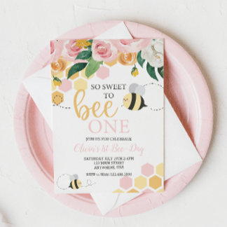 Bee Day bumblebee 1st Birthday pink floral Invitat Invitation