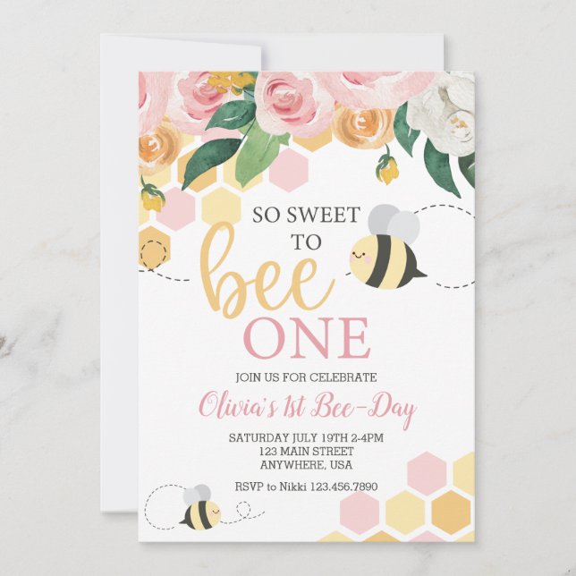 Bee Day bumblebee 1st Birthday pink floral Invitation (Front)