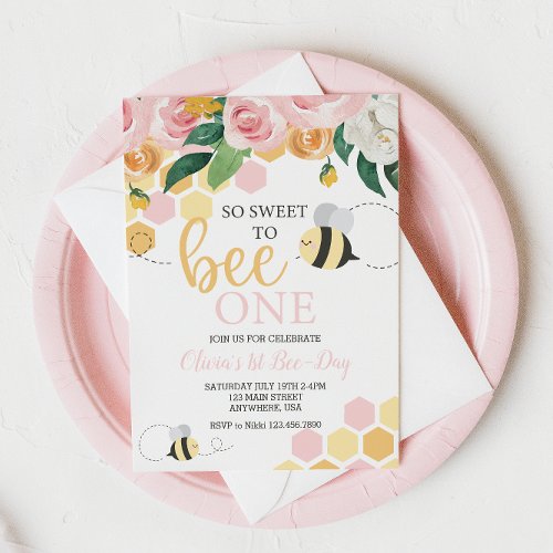 Bee Day bumblebee 1st Birthday pink floral Invitation