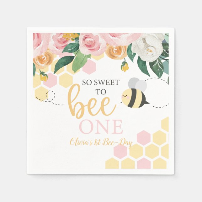 Bee Day Bumblebee 1st Birthday pink floral Napkins (Front)