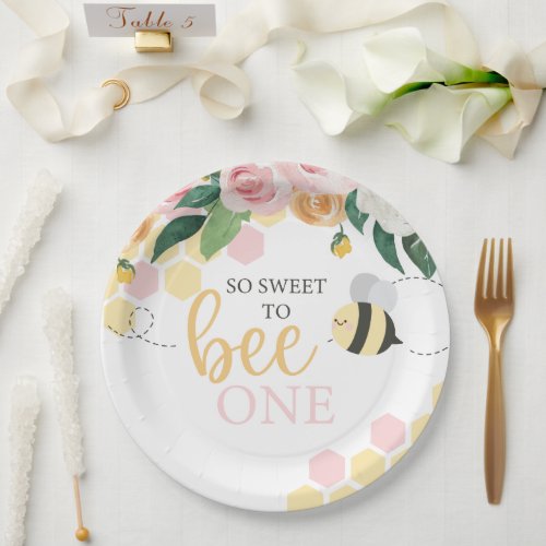 Bee Day Bumblebee 1st Birthday pink floral Paper Plates