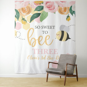 Bee Day Bumblebee Birthday pink floral banner Tapestry