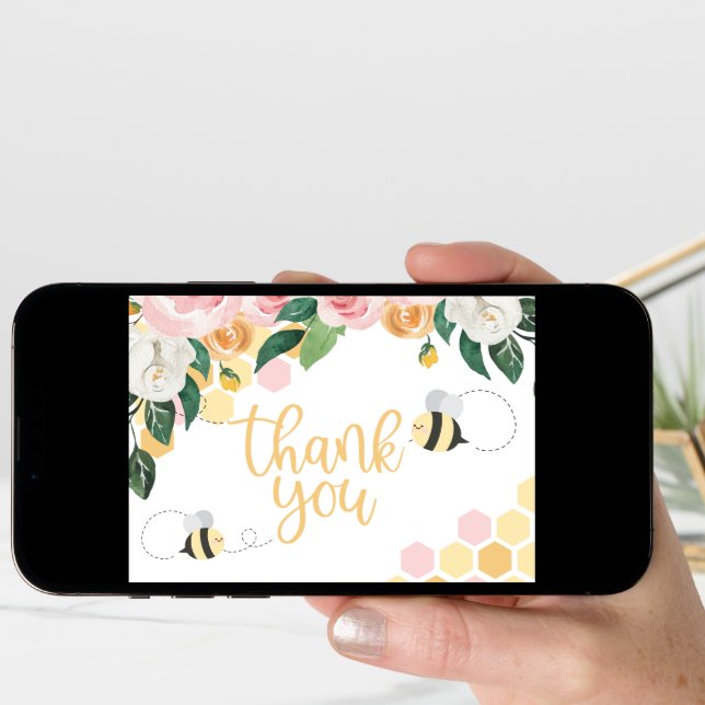 Bee Day bumblebee Birthday pink floral thank you Card (Front Digital)