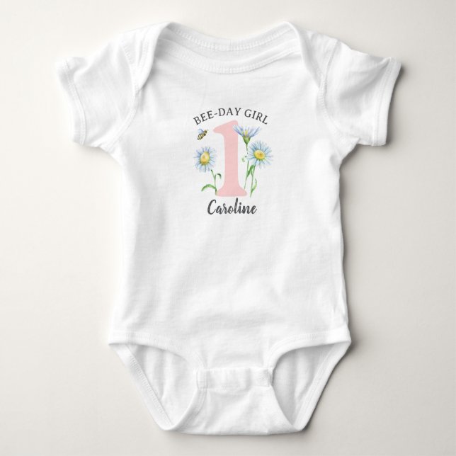 Bee-Day Girl Shirt/Bodysuit with Pink and Daisies Baby Bodysuit (Front)