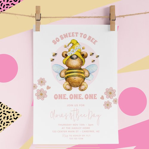 Bee Day Honeybee Pink Floral 1st Birthday Invitation
