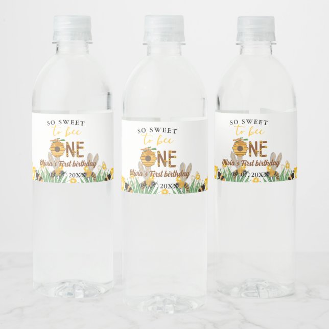 Bee day yellow honey bee first girl birthday party water bottle label (Bottles)