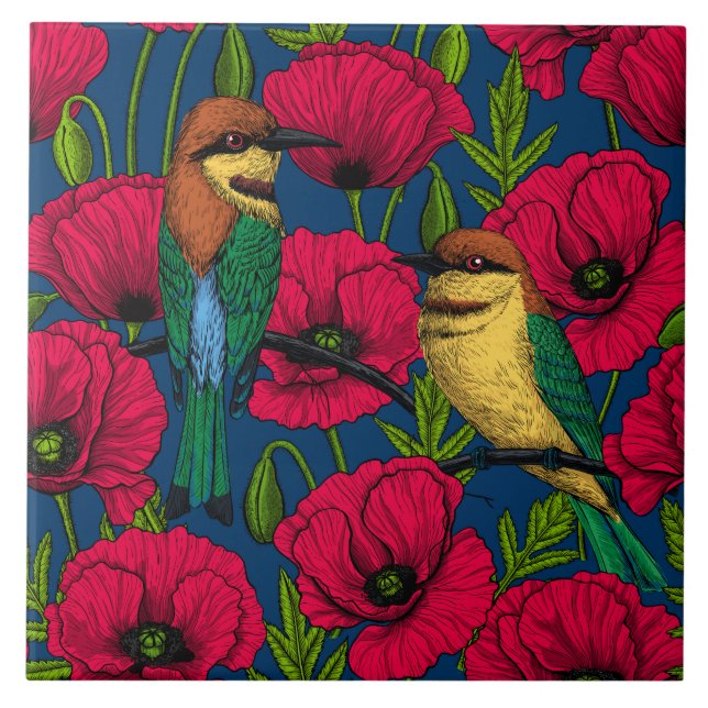 Bee eaters and poppies ceramic tile (Front)