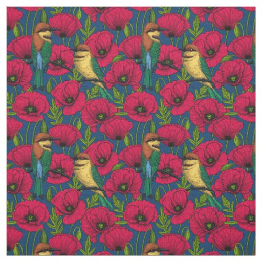 Bee eaters and poppies fabric