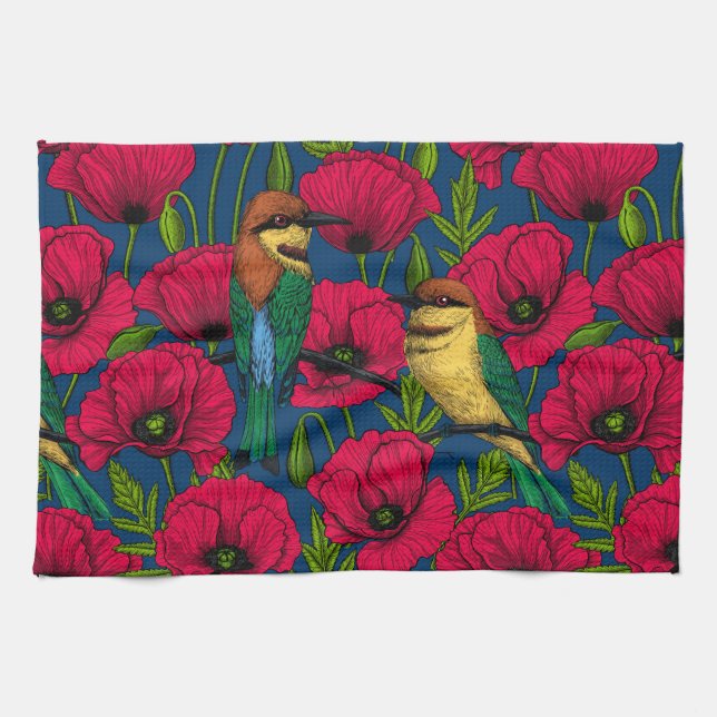 Bee eaters and poppies kitchen towel (Horizontal)