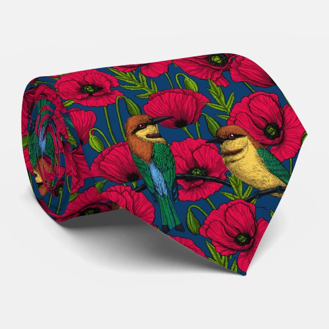Bee eaters and poppies neck tie (Rolled)
