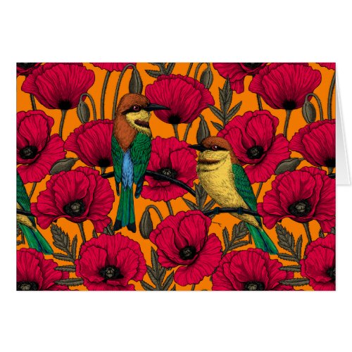 Bee eaters and poppies on orange
