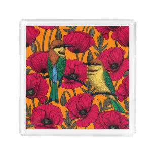Bee eaters and poppies on orange acrylic tray