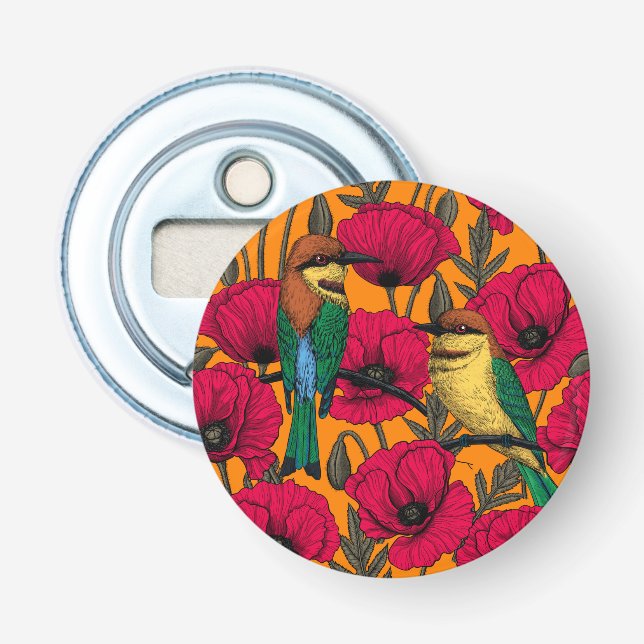 Bee eaters and poppies on orange bottle opener (Front)