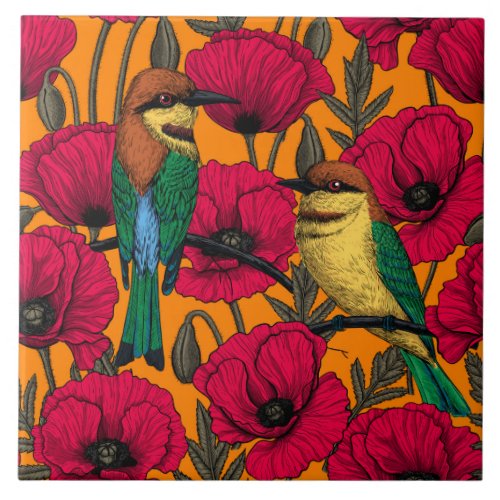 Bee eaters and poppies on orange ceramic tile