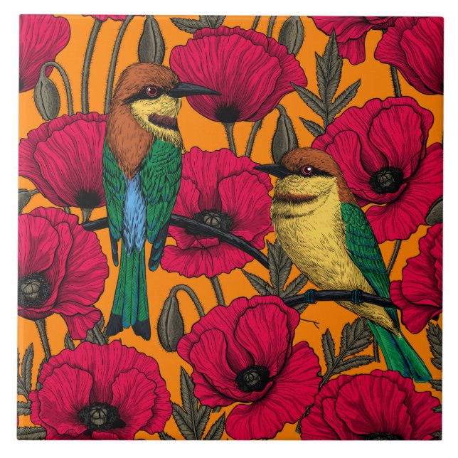 Bee eaters and poppies on orange ceramic tile (Front)