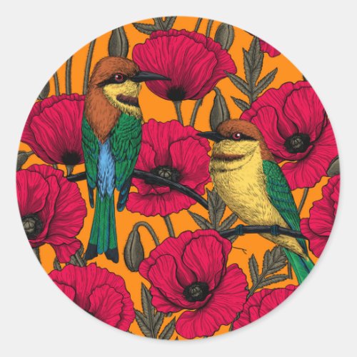 Bee eaters and poppies on orange classic round sticker