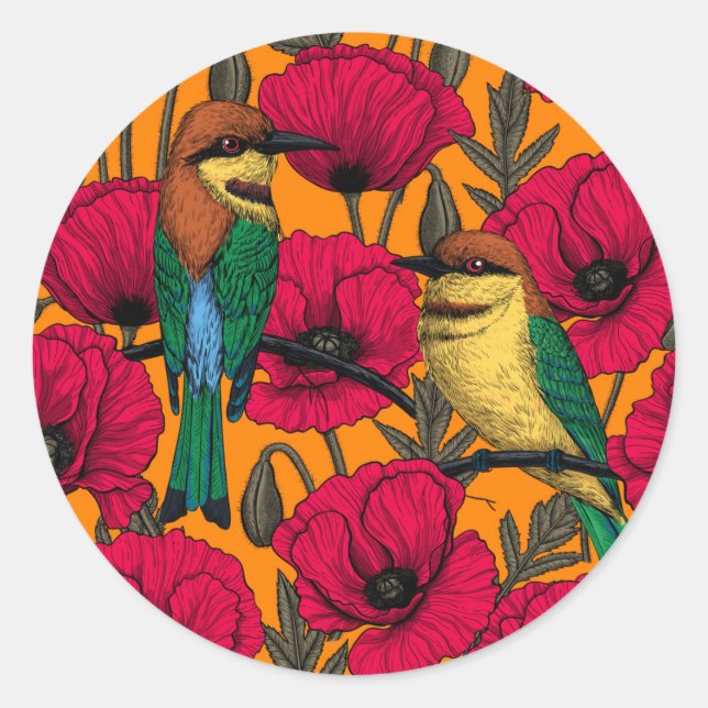 Bee eaters and poppies on orange classic round sticker (Front)