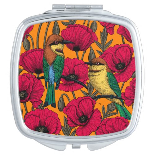 Bee eaters and poppies on orange compact mirror