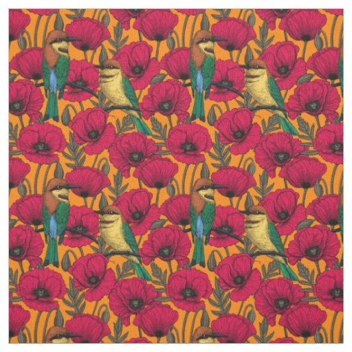 Bee eaters and poppies on orange fabric
