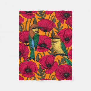 Bee eaters and poppies on orange fleece blanket