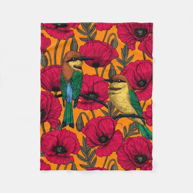 Bee eaters and poppies on orange fleece blanket (Front)