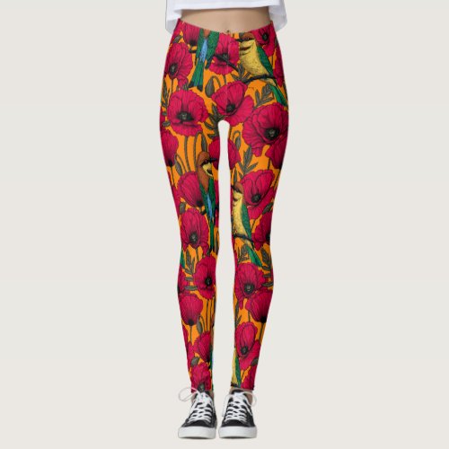 Bee eaters and poppies on orange leggings