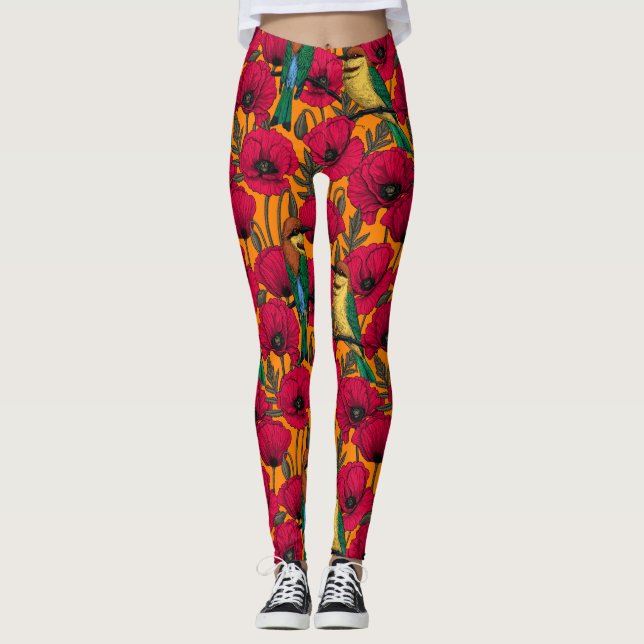Bee eaters and poppies on orange leggings (Front)