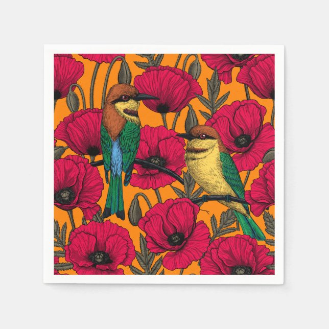Bee eaters and poppies on orange napkins (Front)