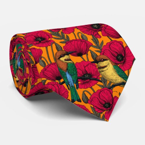 Bee eaters and poppies on orange neck tie