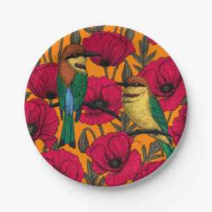 Bee eaters and poppies on orange paper plates