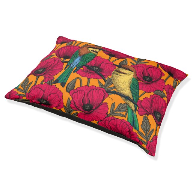 Bee eaters and poppies on orange pet bed (Angled)
