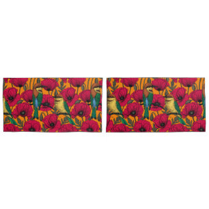 Bee eaters and poppies on orange pillow case