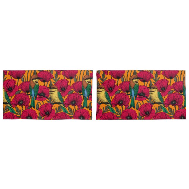 Bee eaters and poppies on orange pillow case (Front-Set)