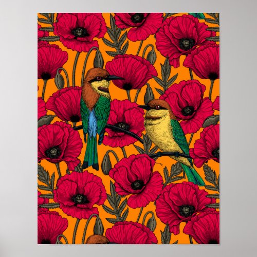 Bee eaters and poppies on orange poster